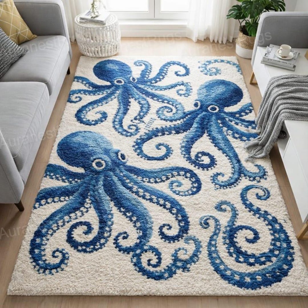 Blue Octopus Area Rug – Coastal Ocean Themed Handmade Tufted Rug ...