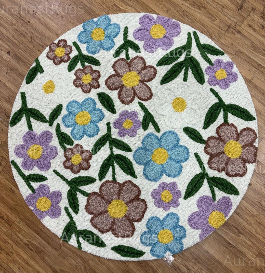 Hand Tufted Wool Round Rug – Floral Botanical Carpet - Etsy 日本