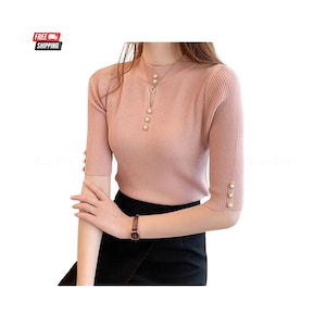 Suéter de punto de moda coreana: jersey ajustado de manga corta para mujer