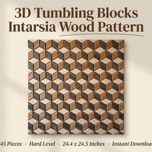 May include: A wooden intarsia pattern of 3D tumbling blocks. The design features a repeating pattern of cubes in shades of brown, black, and natural wood. The dimensions are 24.4 x 24.5 inches. The text reads "3D Tumbling Blocks Intarsia Wood Pattern".