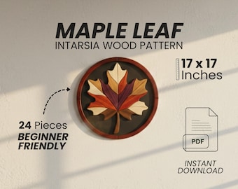 Plano de sierra de calar para principiantes con diseño de hoja de arce con patrón de intarsia (Descarga en PDF)