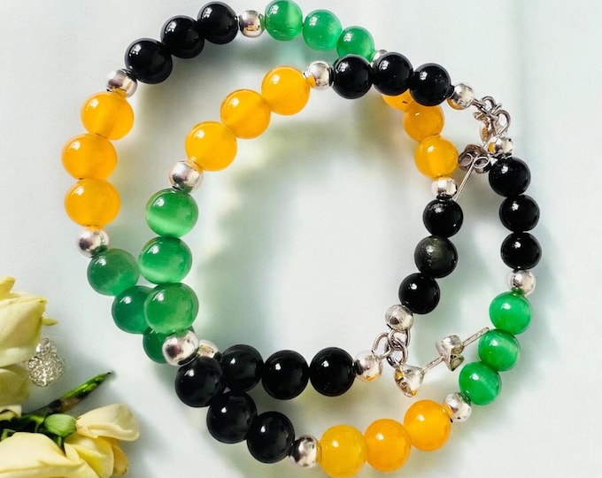 Obsidian, Agate & Jade Beaded Earrings: Black, Yellow, Green