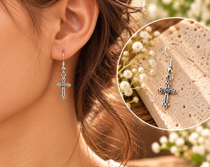 Silver Cross Dangle Earrings – Vintage Gothic Style