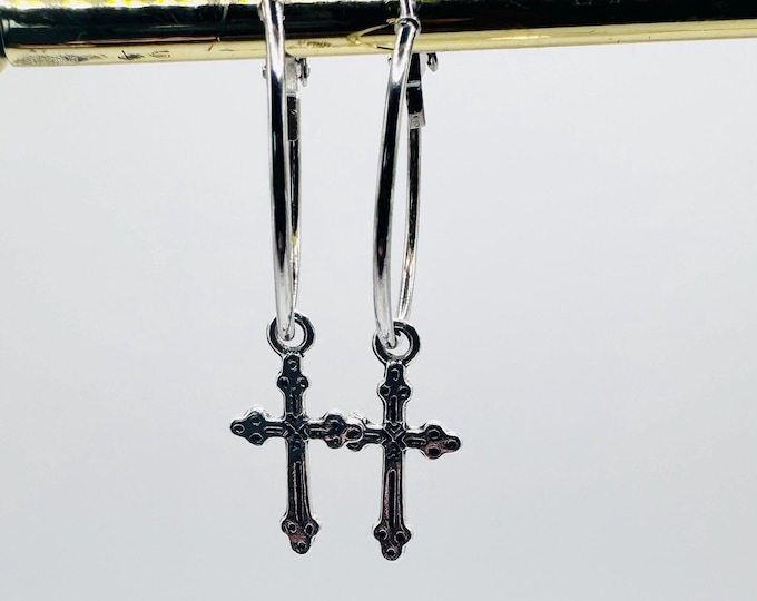 Silver hoop cross earrings