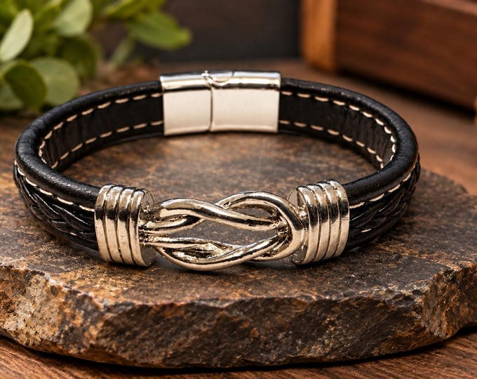 Men's Black Leather Bracelet – Silver Infinity Knot Design