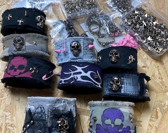 Set da 3 punk skull denim (fatto a mano), braccialetti unisex con polsini gotici, gioielli in tessuto riciclato