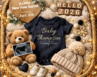 Plantilla de anuncio de embarazo de Año Nuevo / Anuncio de bebé de 2026 / Anuncio de fecha de parto sin género / Descarga digital editable en Canva