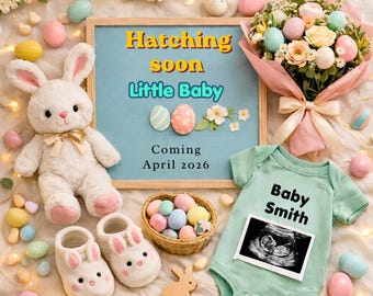 Plantilla para anuncio de embarazo de Pascua, revelación de bebé, anuncio de bebé de Pascua, revelación de embarazo con conejito, plantilla de Canva, descarga digital