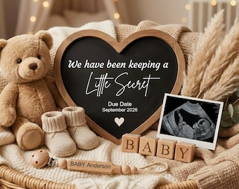 Anuncio digital de embarazo neutral, letrero minimalista para revelar el género del bebé, anuncio de fecha de parto, bebé en camino, pequeño secreto, primer bebé