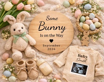 Anuncio digital de embarazo para bebé de Pascua, anuncio de revelación de género del bebé, anuncio de bebé de género neutro, plantilla de embarazo de conejito de Pascua