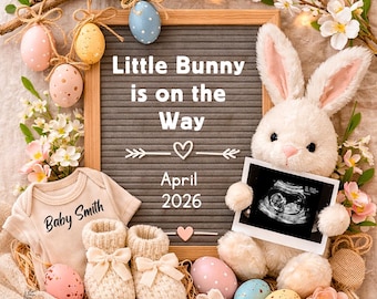 Anuncio digital de embarazo de Pascua, anuncio de revelación de género del bebé, anuncio de bebé de género neutro, plantilla de embarazo de Pascua con conejito