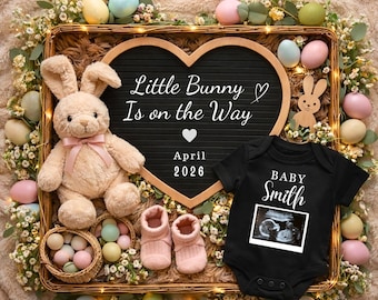 Anuncio digital de embarazo de Pascua, anuncio de revelación de género del bebé, anuncio de bebé de género neutro, plantilla de embarazo de Pascua con conejito