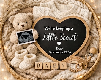 Plantilla digital minimalista de anuncio de embarazo de bebé en Canva, revelación de género neutro, primer bebé bohemio, letrero con fecha de parto, descarga instantánea