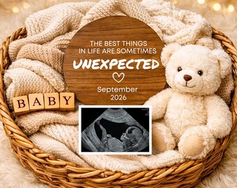 Anuncio de embarazo inesperado digital, cartel neutro para revelar el sexo del bebé, revelación por ecografía, embarazo estilo boho, descarga instantánea.