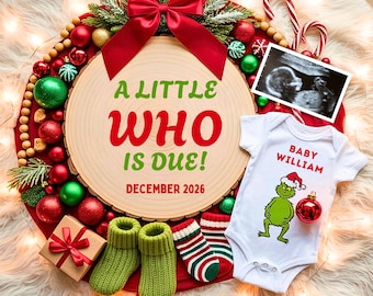 Digital Grinch Christmas Pregnancy Announcement, A little Who is due, Editable Template, Holiday Baby Reveal, Instant download