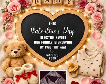 Plantilla de anuncio de embarazo para San Valentín, anuncio de bebé editable en Canva, letrero de ecografía, descarga digital