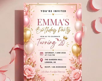 Plantilla editable de invitación de cumpleaños en oro rosa, elegante invitación de cumpleaños, editable en Canva, invitación de fiesta imprimible, descarga instantánea.