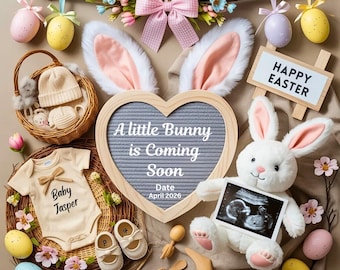 Anuncio digital de embarazo de Pascua, anuncio de revelación de género del bebé, anuncio de bebé de género neutro, plantilla de embarazo de Pascua con conejito