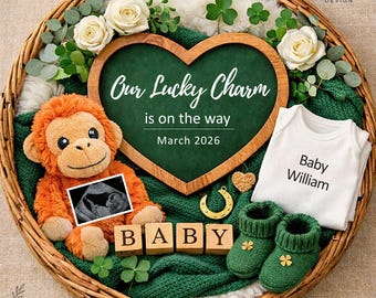 Plantilla de anuncio de embarazo para el Día de San Patricio en Canva, amuleto de la suerte para revelar el nacimiento de un bebé, letrero irlandés con fecha de parto, descarga digital neutra instantánea.