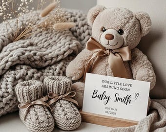 Plantilla digital de anuncio de embarazo estilo boho, anuncio de bebé neutro editable, revelación de bebé, primer bebé (descarga instantánea)