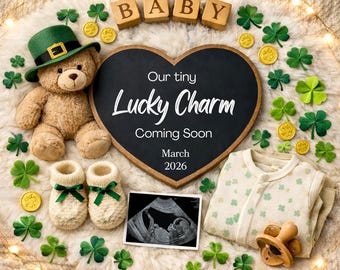 Anuncio de embarazo digital Lucky Charm, revelación del bebé, plantilla editable de anuncio de bebé neutral, revelación de trébol, anuncio de nacimiento