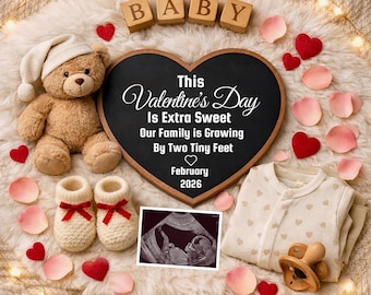 Plantilla de anuncio de embarazo para San Valentín, anuncio de bebé "Nuestra familia está creciendo", anuncio de ecografía editable, descarga digital