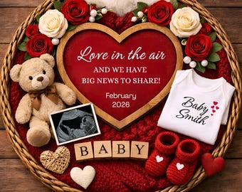 Anuncio de bebé para San Valentín 2026: Revelación de embarazo editable en redes sociales. Lindo anuncio de embarazo para San Valentín.