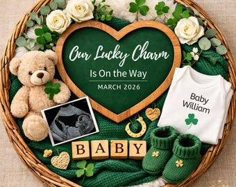 Plantilla digital para anunciar el embarazo de San Patricio, amuleto de la suerte neutro, anuncio de bebé editable en Canva, trébol con fecha de parto en marzo.