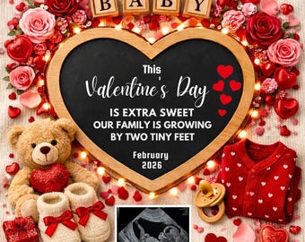 Anuncio de embarazo neutral para San Valentín, imprimible para revelar el bebé, ecografía, letrero con fecha de parto en febrero, descarga digital