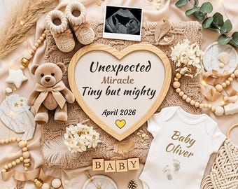 Anuncio digital de embarazo inesperado, plantilla editable para revelar el nacimiento de un bebé, anuncio sorpresa de género neutro para redes sociales.