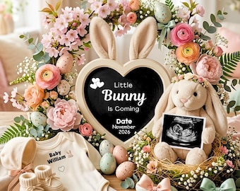 Anuncio digital de embarazo de Pascua, revelación de bebé de primavera, anuncio de bebé de género neutro, plantilla de embarazo de Pascua con conejito