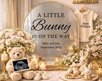 Plantilla de anuncio de embarazo en espejo, letrero para revelar el embarazo, anuncio de embarazo editable en Canva, embarazo de primavera, descarga digital