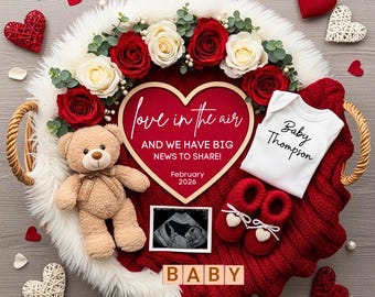 Plantilla de anuncio de embarazo para San Valentín, Canva editable para revelar el bebé, descarga digital