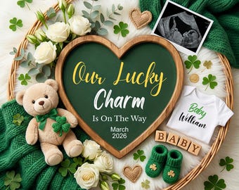 Anuncio de embarazo digital con amuleto de la suerte, anuncio de bebé neutro editable, revelación de bebé de San Patricio, letrero irlandés con fecha de parto, descarga instantánea