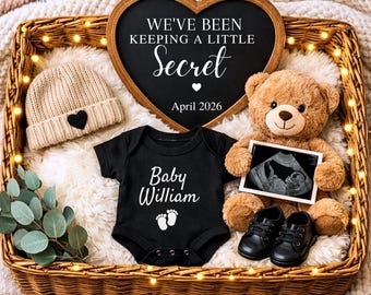 Plantilla de anuncio de embarazo, pequeño secreto para revelar el bebé, ecografía bohemia neutra, descarga digital