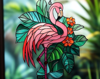 Pink Flamingo ACRYLIC Faux Stained Glass Window Hanging Suncatcher, Colorful Tropical Bird Decor For Home Garden Gift