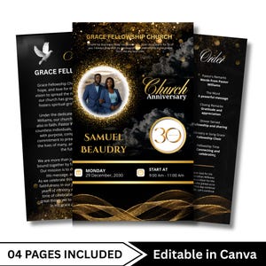 May include: A black and gold church anniversary flyer with a photo of a couple. The flyer includes the text "Grace Fellowship Church," "Church Anniversary," and "Samuel Beaudry." The flyer also includes the date and time of the event.