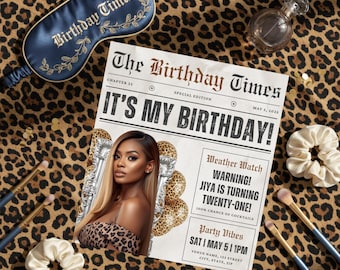 Leopard Print Newspaper Birthday Invitation, Glam Party Evite (Digital Download)