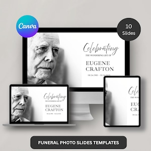 Puede incluir: Una foto en blanco y negro de un hombre se muestra en un monitor de computadora, una computadora portátil y una tableta. El texto "Celebrating the Wondering Life of Eugene Crafton" es visible. La imagen está etiquetada como "Funeral Photo Slides Templates" y "10 Slides."