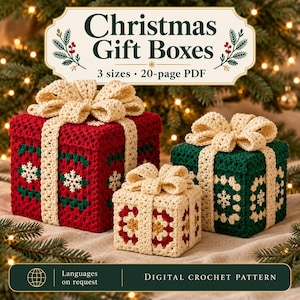 Christmas Gift Box Crochet Pattern PDF, 3 Sizes with Removable Lids, Granny Square Boxes with Bows & Snowflakes, Instant Downalod - Digital