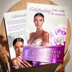 Light Purple Neon Funeral Program Template: Elegant Floral Obituary (8.5x11, Digital Download