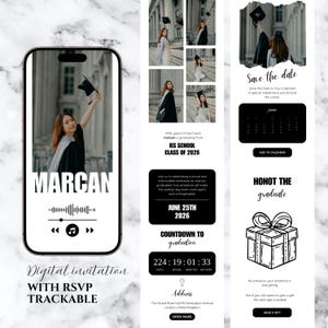 May include: Digital graduation invitation featuring a photo of a graduate in a cap and gown. The invitation includes the graduate's name, "MARCAN", and event details: June 25th, 2026, with a countdown. RSVP trackable.
