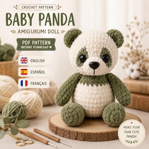 May include: A crochet pattern for a baby panda amigurumi doll. The text reads CROCHET PATTERN BABY PANDA AMIGURUMI DOLL PDF PATTERN INSTANT DOWNLOAD. It includes language options for English, Español, and Français. The image shows a finished panda.