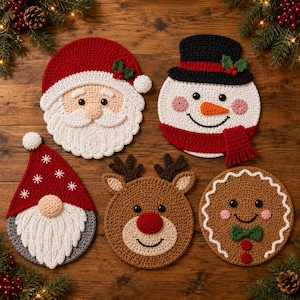 Christmas Crochet Placemat Bundle PDF | 5 Holiday Character Patterns | Santa Snowman Gnome Reindeer Gingerbread | EN FR Es