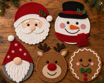 May include: Five circular and triangular crochet Christmas ornaments featuring a Santa Claus, a snowman with a black top hat, a gnome with a red hat, a reindeer with a red nose, and a gingerbread cookie with a green bow tie.