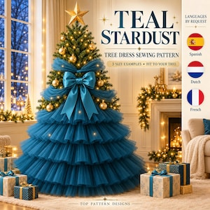 May include: A Christmas tree decorated with gold ornaments, a gold star topper, and a teal tulle tree skirt featuring a large matching bow. The text reads TEAL STARDUST TREE DRESS SEWING PATTERN, 3 SIZE EXAMPLES, FIT TO YOUR TREE, and TOP PATTERN DESIGNS.