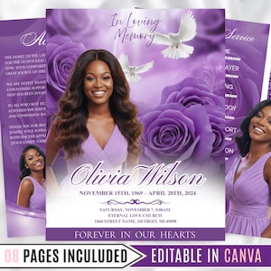 May include: A memorial service announcement with a purple floral design. The design includes a photo of a woman, doves, and roses. The text reads "In Loving Memory" and includes the name Olivia Wilson, dates, and service details.