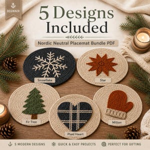 Puede incluir: Un conjunto de cinco manteles individuales circulares de ganchillo con diseños de un copo de nieve blanco sobre negro, una estrella color óxido, un abeto verde, un corazón de cuadros azul oscuro y una manopla color óxido sobre fondos beige, titulados Nordic Neutral Placemat Bundle PDF.