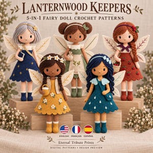 Könnte beinhalten: Fünf gehäkelte Feenpuppen mit Flügeln, jede mit einem einzigartigen Kleid und Accessoires. Der Text lautet LANTERNWOOD KEEPERS 5-IN-1 FAIRY DOLL CROCHET PATTERNS, zusammen mit Sprachflaggen und Eternal Tribute Prints Digital Patterns Design Preview.