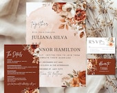 Boho Terracotta Wedding Invitation Set: Burnt Orange Roses & Pampas Grass (Digital Download)